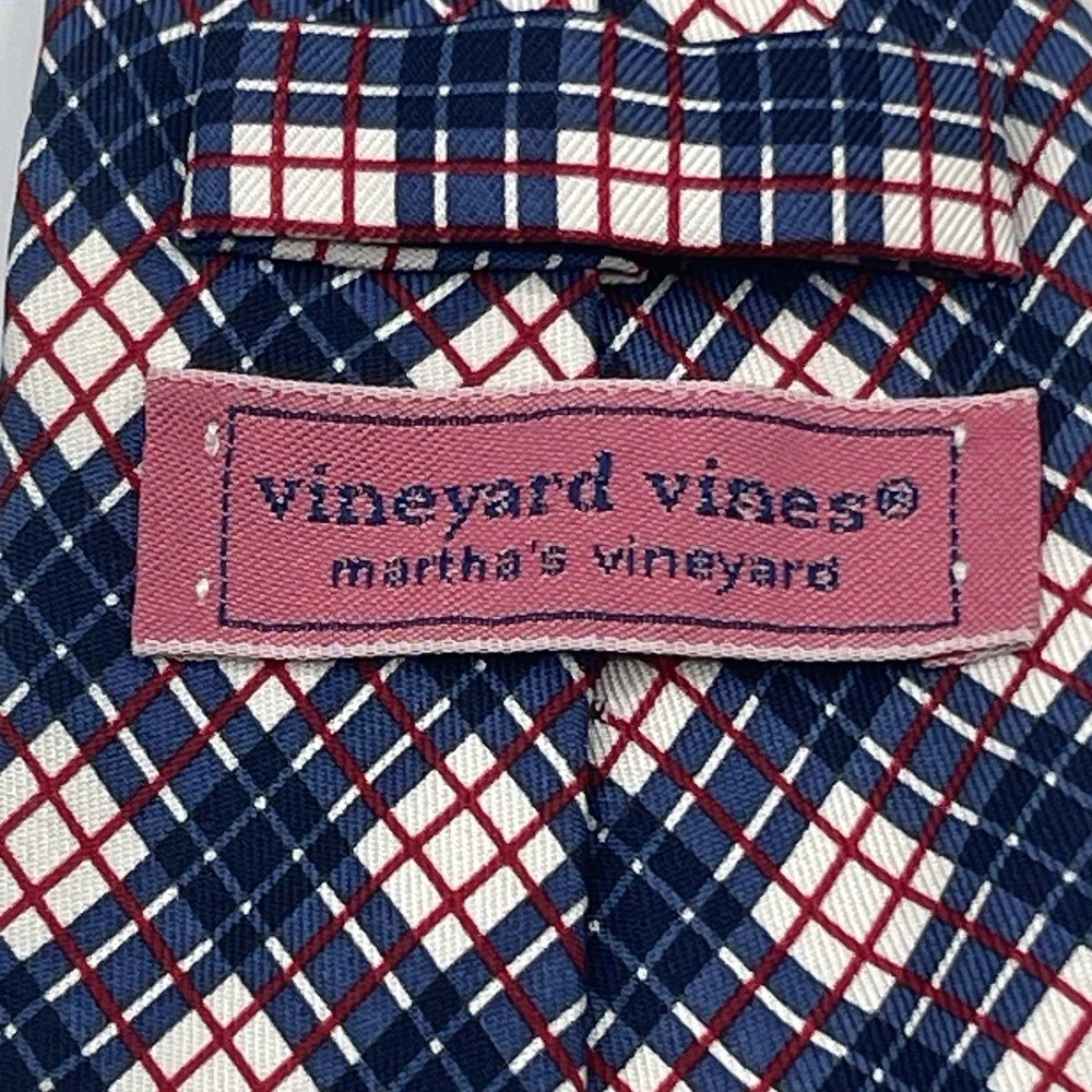 Vineyard Vines Preppy Plaid‎ Shep and Ian 100% Silk Heritage Tie Red White Blue